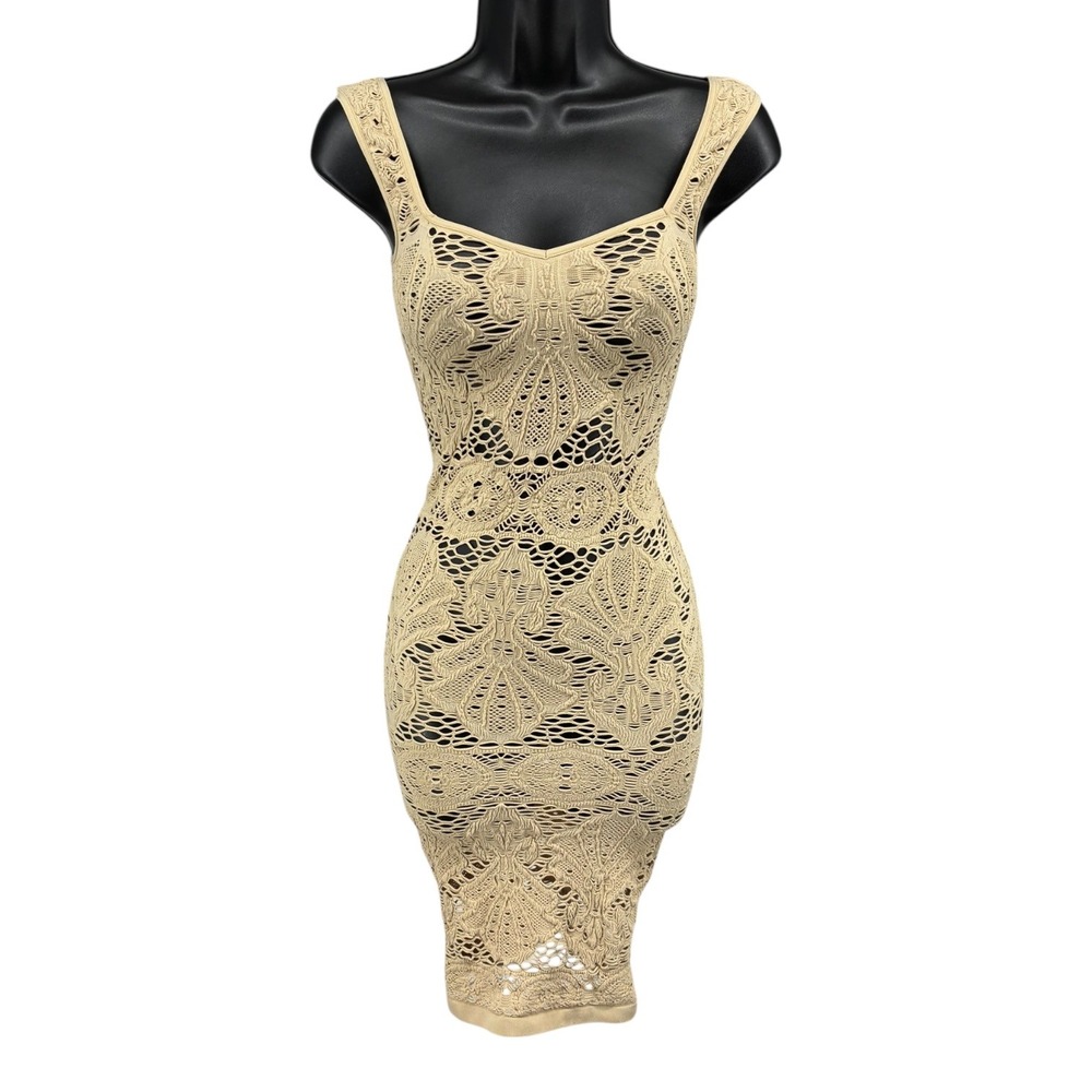 Intimately Free People Beige Crochet‎ Bodycon Midi Dress Sleeveless Open Knit S